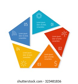 EPS10 vector polygonal infographic diagram with triangle parts. Circular connected chart with 5 options. Paper progress steps for tutorial. Business concept sequence banner, process layout.