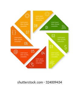 EPS10 vector polygonal infographic diagram with triangle parts. Circular connected chart with 8 options. Paper progress steps for tutorial. Business concept sequence banner, process layout.