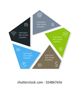 EPS10 vector polygonal infographic diagram with triangle parts. Circular connected chart with 5 options. Paper progress steps for tutorial. Business concept sequence banner, process layout.