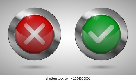 EPS10 Vector realistic check mark and cross icons buttons for web and mobile applications. Red and green colors.