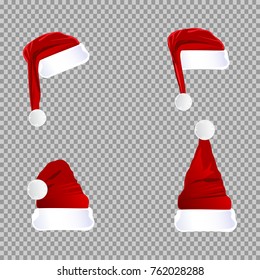 eps10 vector red Santa hat set isolated on transparent background. Editable object for holidays design. Happy New Year, Merry Christmas template. Mock-up for greeting card, discount banner, web, print