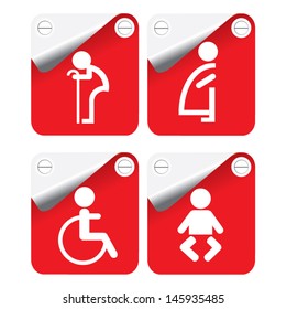 EPS10 Vector: Red Square  toilet sign for pregnent women, baby, aged and handicapped on black background.