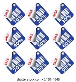 EPS10 Vector: Sale tags with Sale 10 - 90 percent text on blue barcode tags