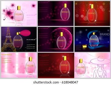 eps10 vector set of advertising posters. Luxury eau de parfum isolated on bokeh background. Premium cosmetics and perfumery advertisement banners for web, print. Realistic bottles with vaporizer spray