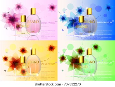 eps10 vector set of advertising posters. Luxury eau de parfum isolated on flower background. Premium cosmetics and perfumery advertisement banners for web, print. Realistic bottle with vaporizer spray