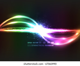 EPS10 vector symmetrical rainbow design against dark background; composition has bright lights and particles