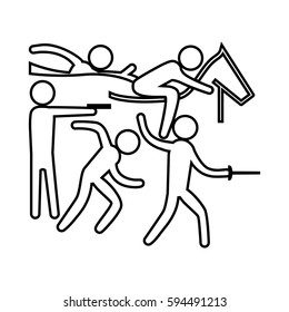 eps10 vector thin line modern Pentathlon sport icon. Summer sport activity pictogram for web, print, mobile. Black athlete sign isolated on gray. Hand drawn competition symbol. Graphic design clip art
