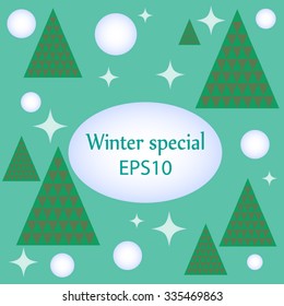 EPS10 vector winter postcard design with stylized fir trees, snowflakes and highlights. Stylish winter weather poster. Falling snow and fir trees.