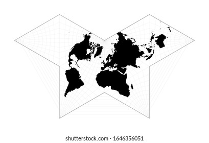 EPS10 Vector World Map. Gnomonic butterfly projection. Plan world geographical map with graticlue lines. Vector illustration.