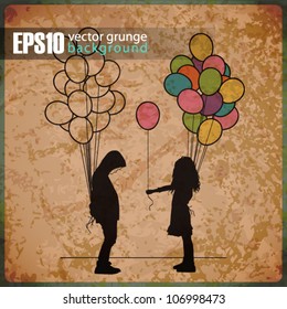 EPS10 vintage background with Boy and girl with balloons