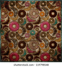 EPS10 vintage background with croissants and donuts.