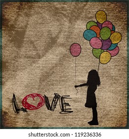 EPS10 vintage background with girl and balloons