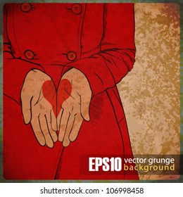 EPS10 vintage background with the girl in a red coat with the drawn heart in palms.