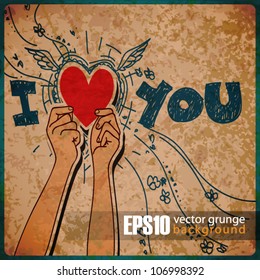 EPS10 vintage background with hands holding the heart