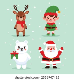 EPS10 A winter set for Christmas and New Year featuring Santa Claus, a cheerful elf, a fluffy polar bear with a gift, and a playful reindeer in a cozy scarf. Full of snowy and festive vibes!