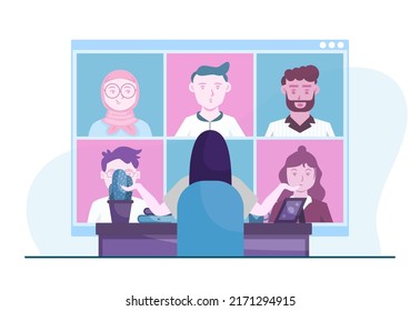 EPS10 woman video online conferencing with clients business concept flat illustration, work from home concept, online class concept, webinar concept