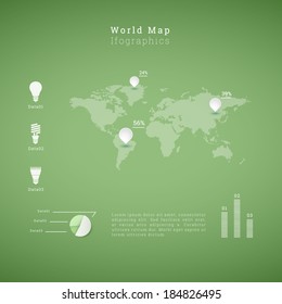 EPS10 world map illustration with light bulb icon set and diagrams for infographics, presentation, report - green version