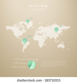 EPS10 world map illustration with pie chart for infographics, presentation, report - green and brown version 