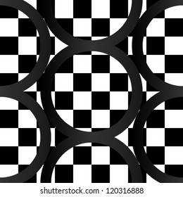 EPS10:Seamless pattern of bold, graphic contrasting black and white checker board with dark circles or rings, gradient gives crooked effect, very dramatic, great for fabric, backgrounds and the likes.