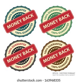 EPS10/Vector : Colorful Vintage Style Money Back Icon, Label or Sticker Set Isolated on White Background