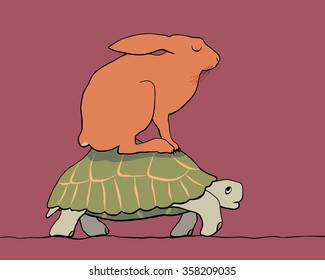 EPS8 editable vector cartoon of a hare resting on the back of a tortoise with figures as separate objects