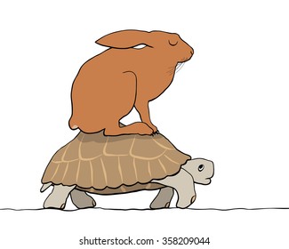 EPS8 editable vector cartoon of a hare resting on the back of a tortoise with figures as separate objects