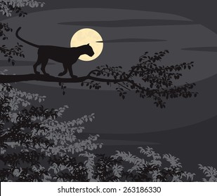 EPS8 editable vector cutout illustration of a leopard on a tree branch silhouetted against the moon at night