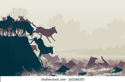 EPS8 editable vector cutout illustration of wildebeest on migration crossing a large river with a crocodile