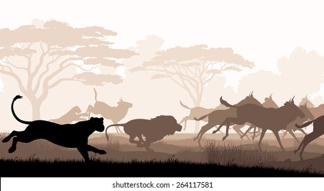 EPS8 editable vector cutout illustration of lions chasing a herd of wildebeest with all figures as separate objects