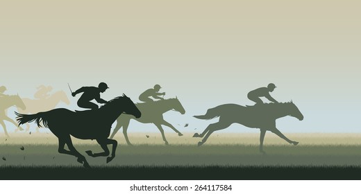 EPS8 editable vector cutout illustration of a horse race with all horses and riders as separate objects