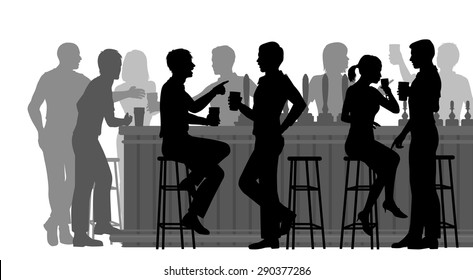 EPS8 editable vector cutout illustration of people drinking in a busy bar with all figures as separate objects