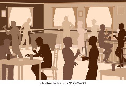 EPS8 editable vector cutout illustration of people drinking in a busy bar with typical pub games