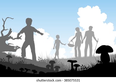 EPS8 editable vector cutout illustration of a family hunting for edible mushrooms with people and fungi as separate objects
