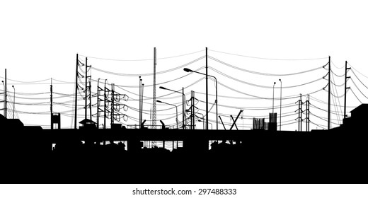 EPS8 editable vector detailed silhouette of an urban scene of chaotic overhead cables in Bangkok