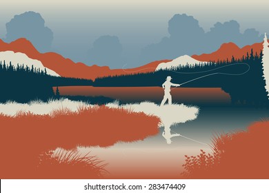 EPS8 editable vector illustration of an angler in a wild landscape with the man as a separate object