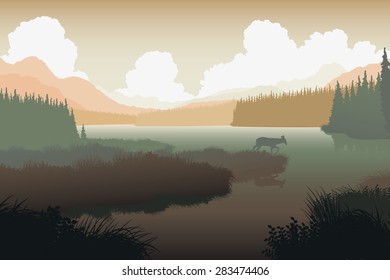 EPS8 editable vector illustration of a deer in a wild landscape with the animal as a separate object