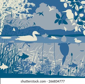 EPS8 editable vector illustration of diverse wildlife in a freshwater ecosystem with all figures as separate objects