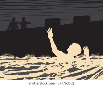 EPS8 editable vector illustration of a drowning man seen by two other men