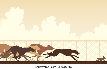 EPS8 editable vector illustration of greyhound dogs racing around a track