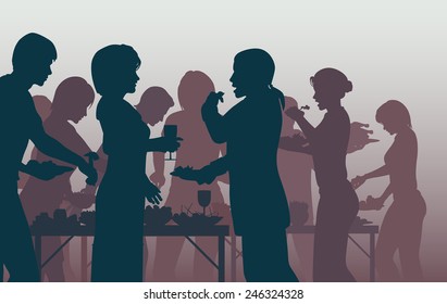 EPS8 editable vector illustration of people enjoying a buffet with all figures as separate objects