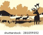 EPS8 editable vector illustration of reindeer or caribou moving across a tundra landscape with all figures as separate objects