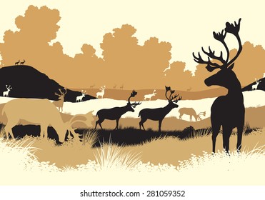 EPS8 editable vector illustration of reindeer or caribou moving across a tundra landscape with all figures as separate objects