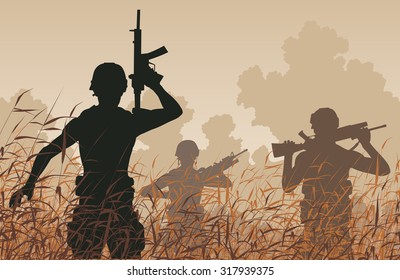 EPS8-bearbeitbare Vektorgrafik von Soldaten auf Patrol in einem Regenwald