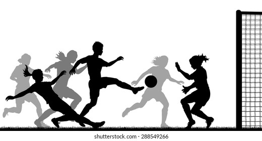 EPS8 editable vector silhouette of action in a ladies football match with all figures as separate objects