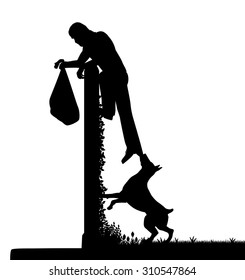 EPS8 editable vector silhouette of a guard dog stopping a thief from escaping over a high garden wall with figures as separate objects
