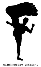 EPS8 editable vector silhouette of a man doing a karate kick with wide-angle perspective