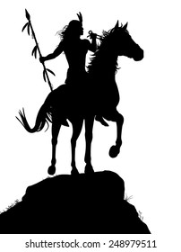 EPS8 editable vector silhouette of a native American Indian warrior riding a horse with figures as separate objects