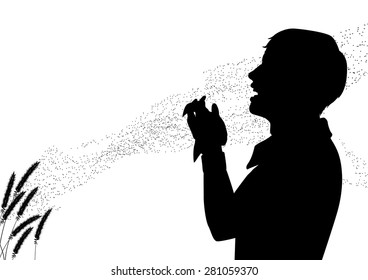 EPS8 editable vector silhouette of pollen drifting from grass flowers with a man suffering from hay fever sneezing