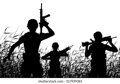 EPS8 editable vector silhouette of soldiers on patrol in a reedswamp