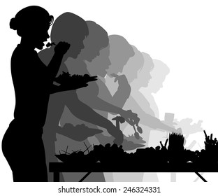 EPS8 editable vector silhouettes of people enjoying a buffet table